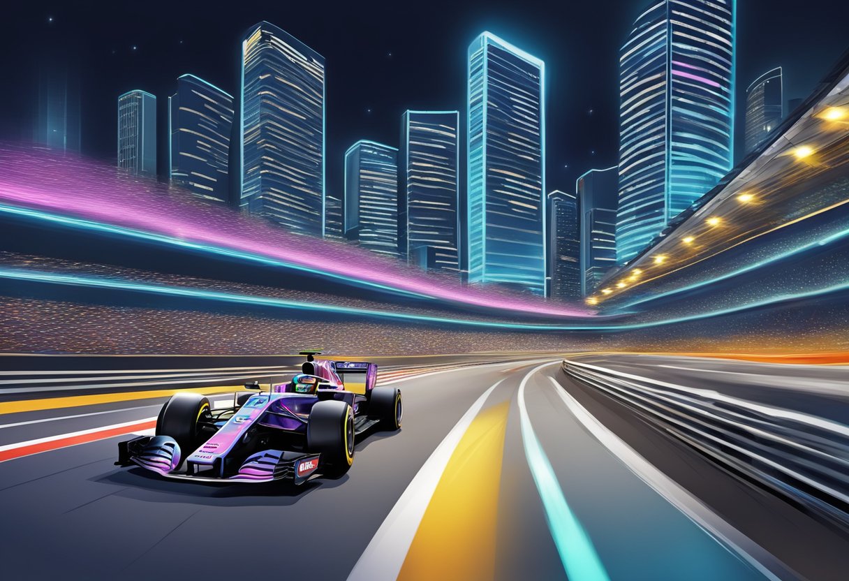 The Formula 1 cars speed around the illuminated Marina Bay Street Circuit at the Singapore Grand Prix