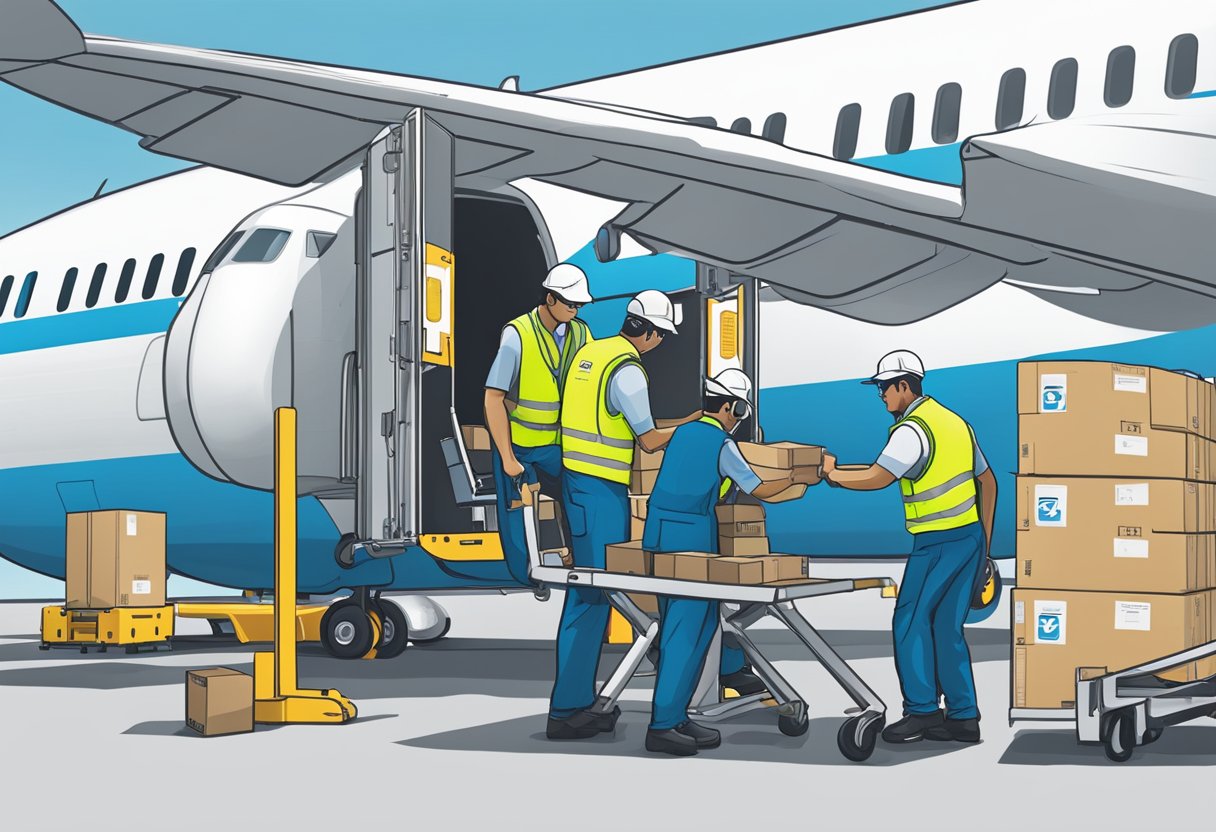 A bustling airport ground crew efficiently loading cargo onto a plane at dnata Singapore, with precision and teamwork in action