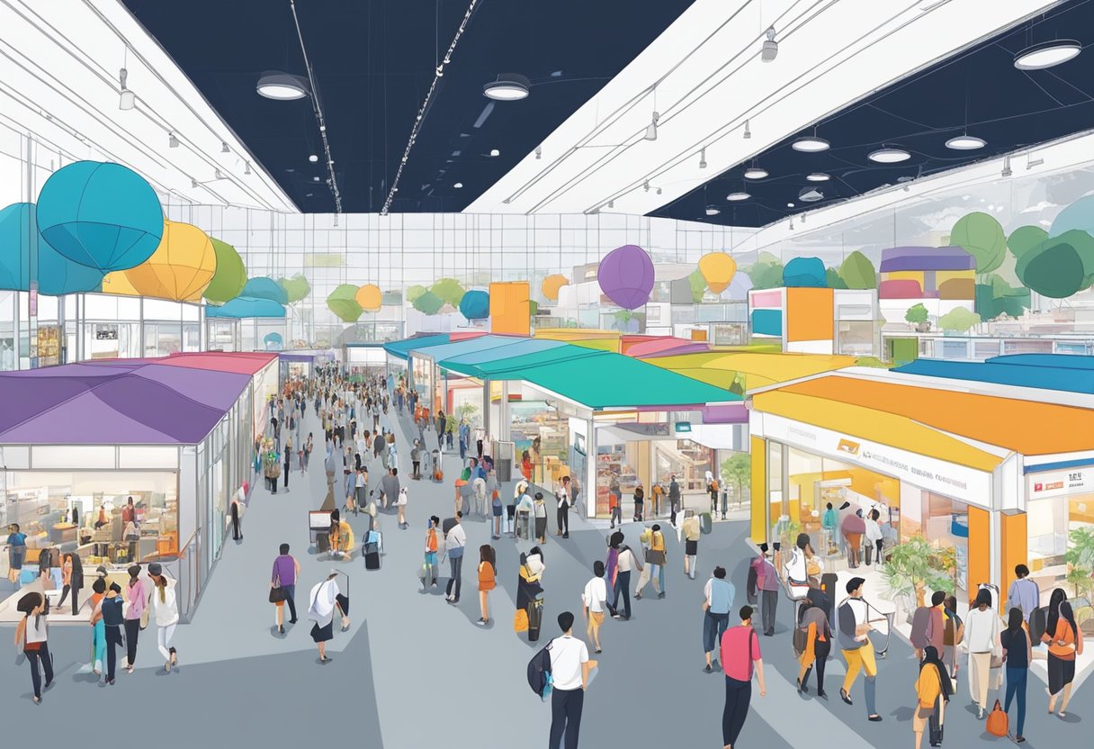 Singapore Expo Hall 2 & 3 bustling with attendees, booths, and colorful displays, with a backdrop of modern architecture and high ceilings