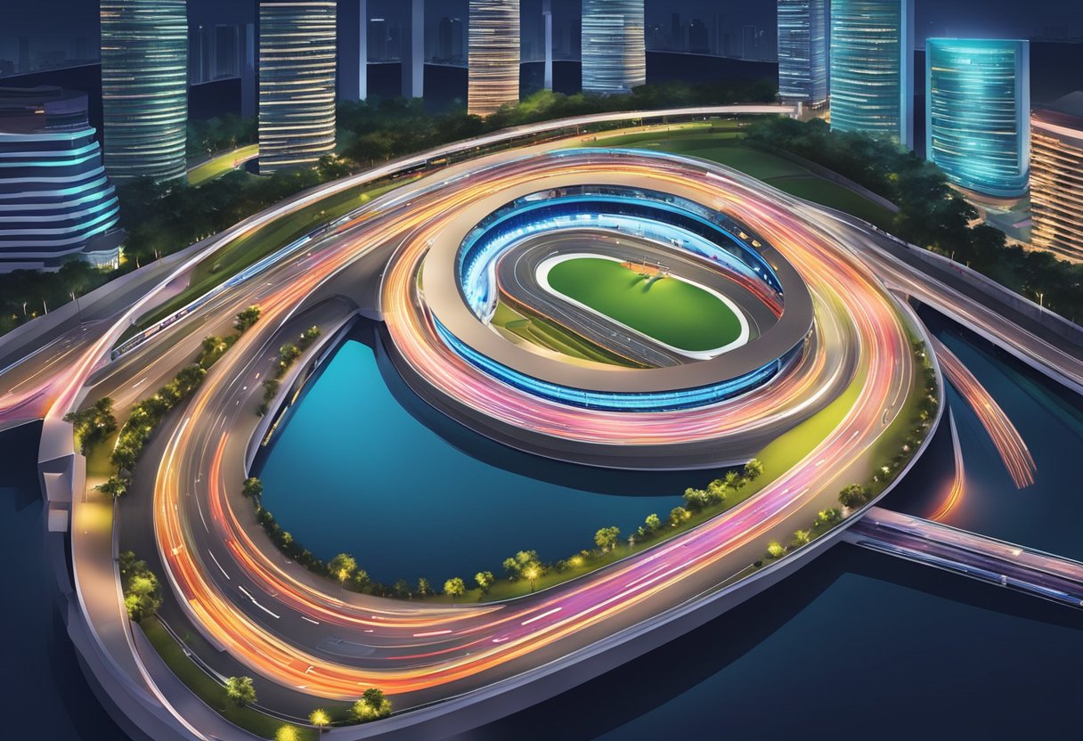 Cars speeding around Marina Bay circuit at Formula 1 Singapore race. Bright lights, city skyline, and grandstands in the background