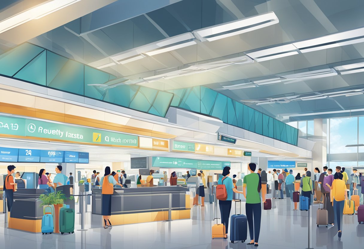 A bustling airport terminal with a prominent "Frequently Asked Questions" sign at the dnata Singapore service counter. Travelers and staff are seen in the background