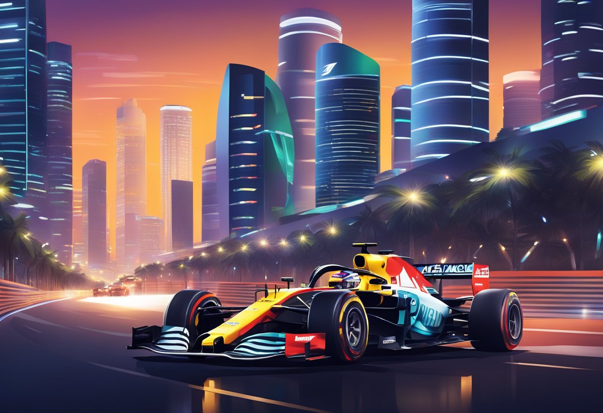 Formula 1 cars race through Singapore's city streets at night, with bright lights illuminating the track and towering buildings in the background