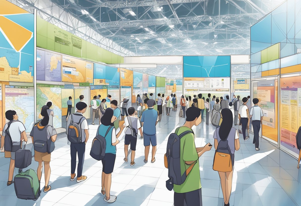 People are gathered at Singapore Expo hall 2 & 3, looking at maps and schedules, discussing events and activities. Bright signage and directional arrows guide visitors through the space