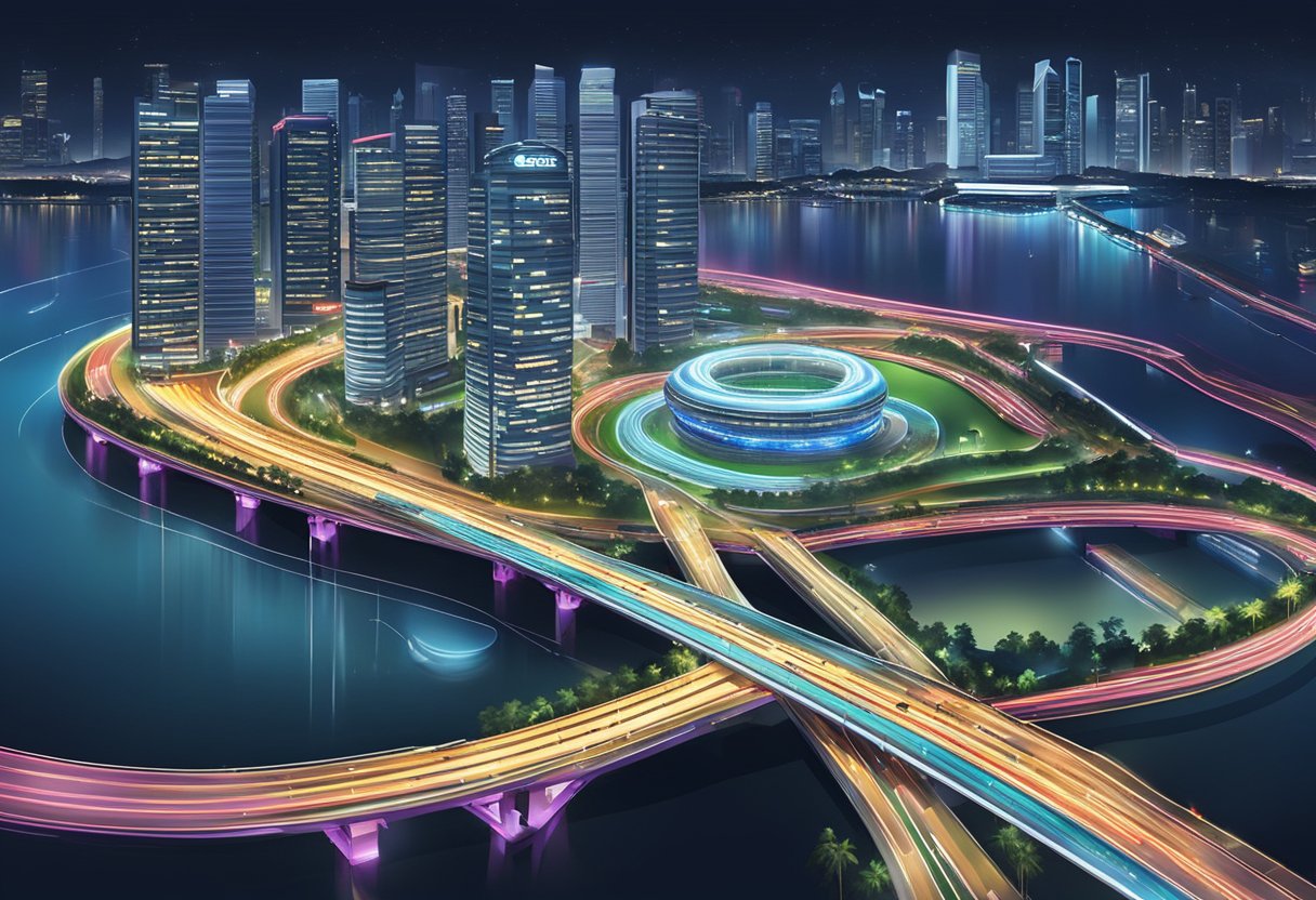 The Singapore Formula 1 track at night, with the city skyline in the background and cars racing around the illuminated circuit