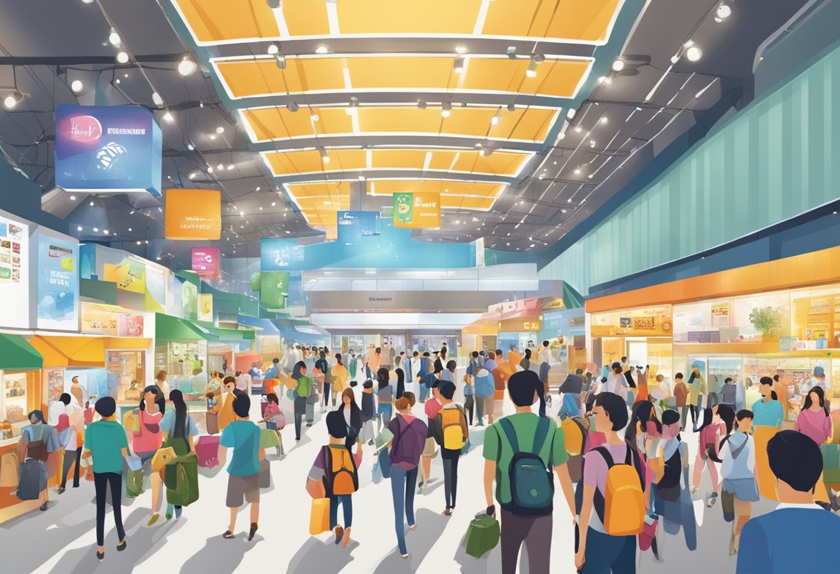 The bustling Singapore Expo halls 2 and 3, filled with curious visitors and vibrant displays, creating a lively and engaging atmosphere