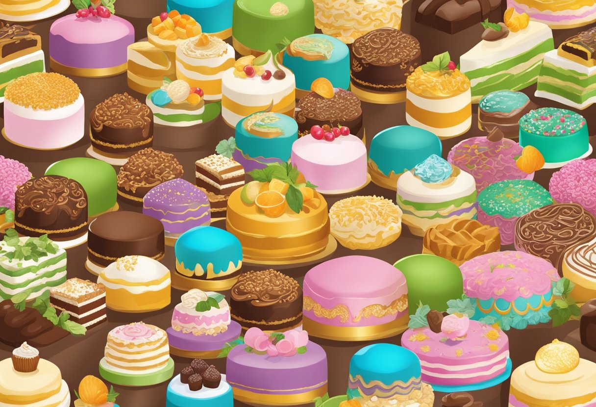A display of halal cakes in Singapore, featuring a variety of flavors and decorative designs