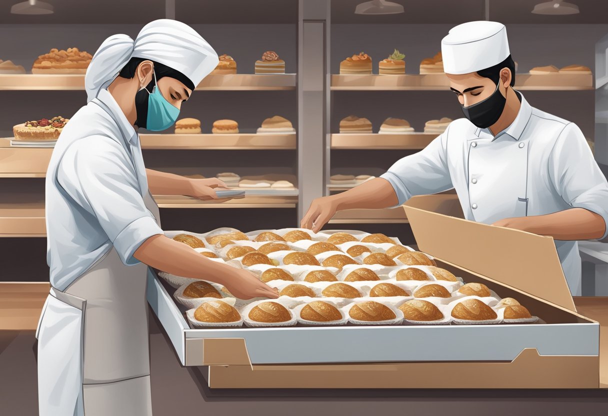 A bakery worker carefully places a beautifully decorated halal cake into a delivery box, ready to be sent out to a customer in Singapore