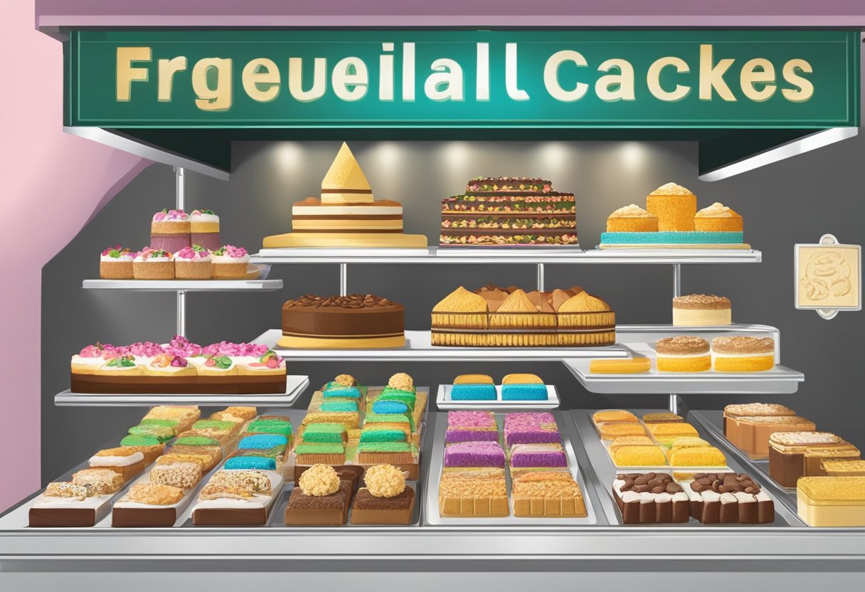 A display of halal cakes in Singapore, with a variety of flavors and designs, accompanied by a sign indicating "Frequently Asked Questions" about the products
