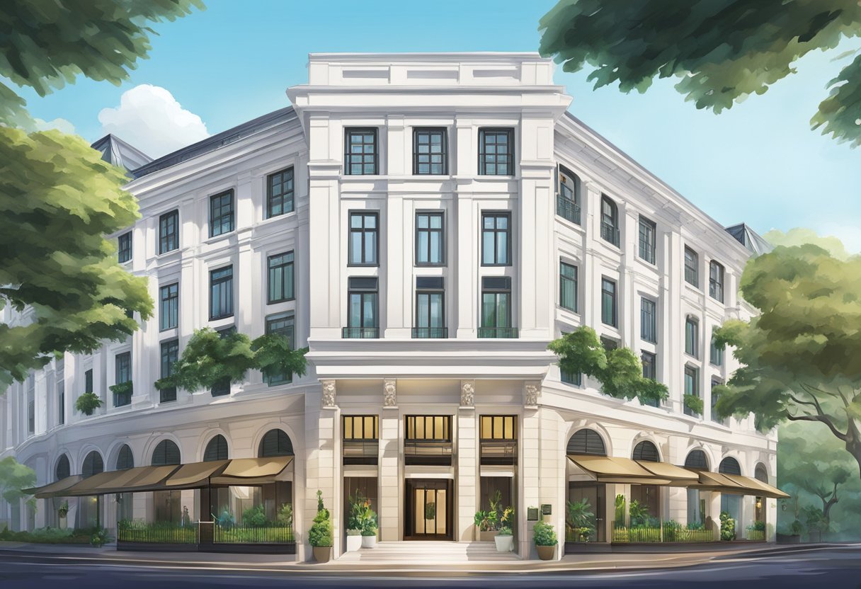 The Intercontinental Singapore Robertson is a modern, luxurious hotel with a sleek facade and lush greenery surrounding the entrance