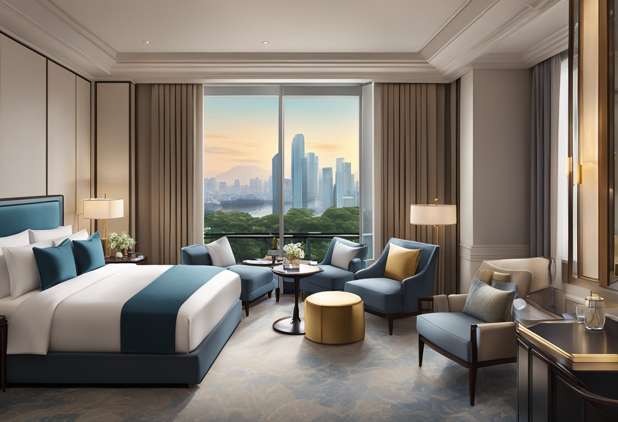 A luxurious hotel room with a plush bed, modern furnishings, and a stunning city view at the Intercontinental Singapore Robertson