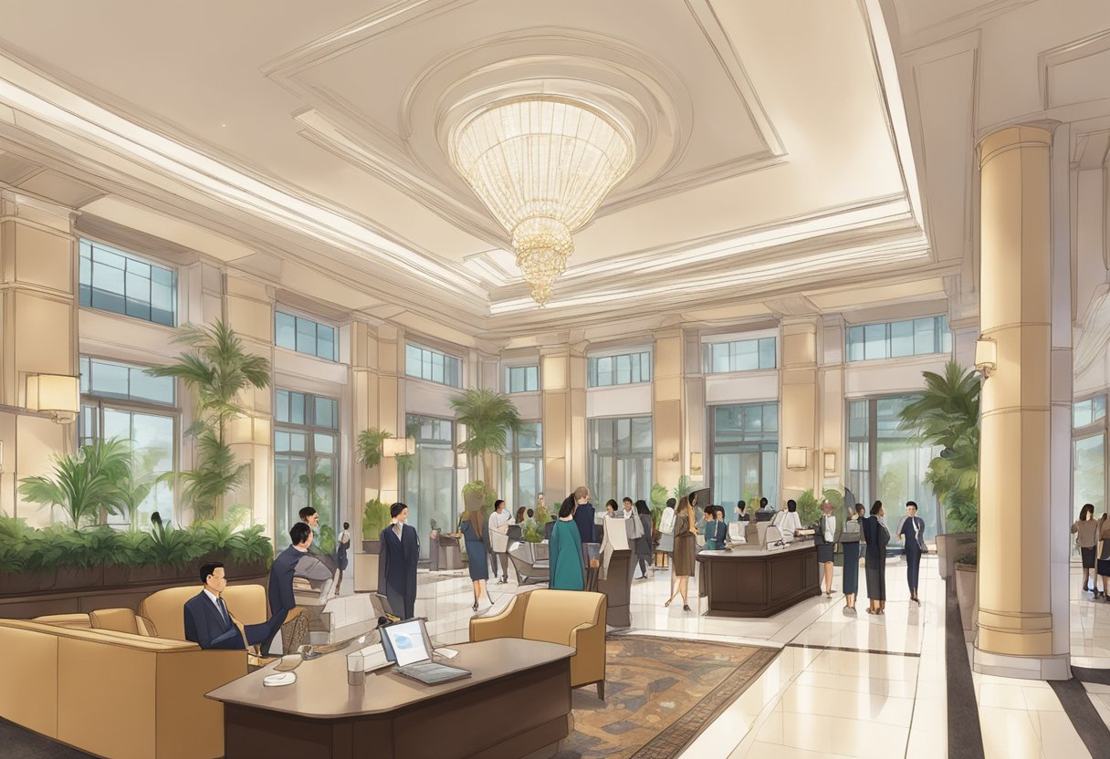 The bustling lobby of Intercontinental Singapore Robertson, with guests inquiring at the front desk and staff assisting with their questions