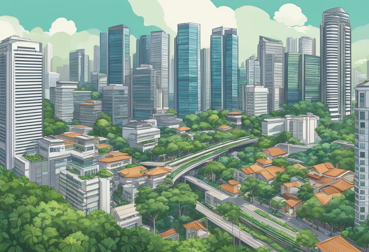 A bustling cityscape in Singapore, with modern skyscrapers and residential buildings, surrounded by lush greenery and well-maintained streets