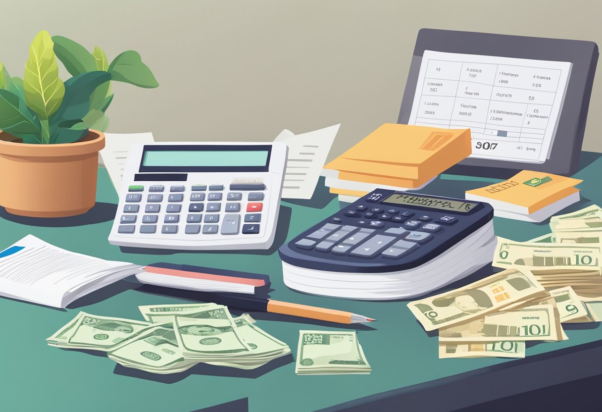 A Singaporean house with a "Property Tax" sign, a calculator, and a stack of bills on a table