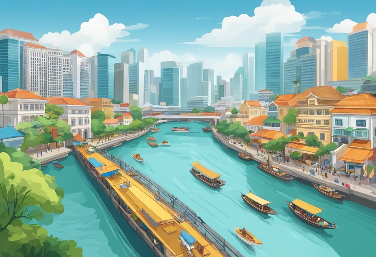 The Singapore River flows through the city, lined with colorful buildings and bustling with boats and activity