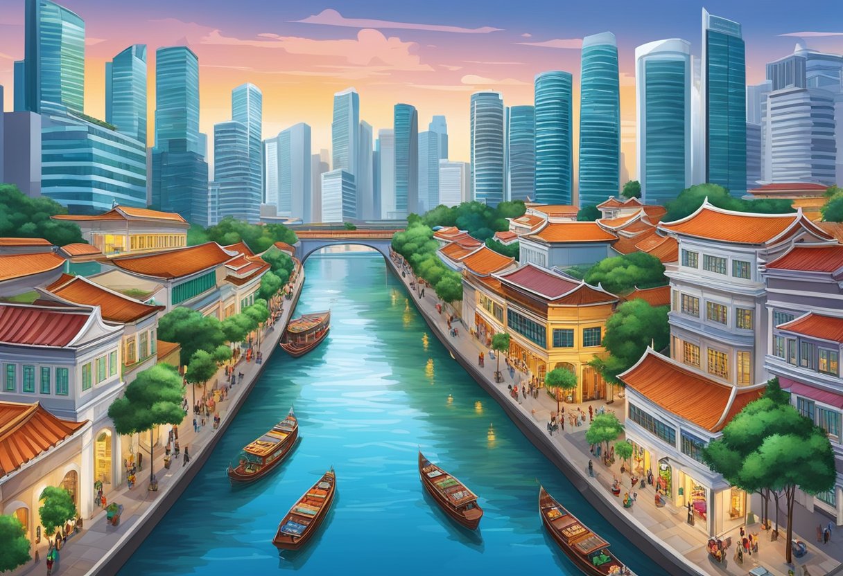The Singapore River flows through a cityscape of modern skyscrapers and traditional shophouses, with bustling boats and vibrant cultural landmarks lining its banks