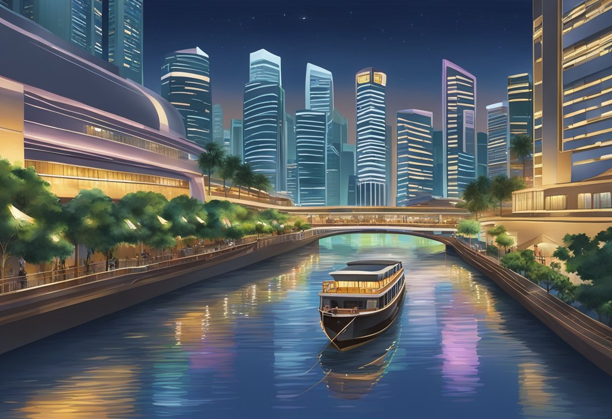 The Singapore River flows peacefully under the glow of the city lights, with boats gently gliding along its reflective surface