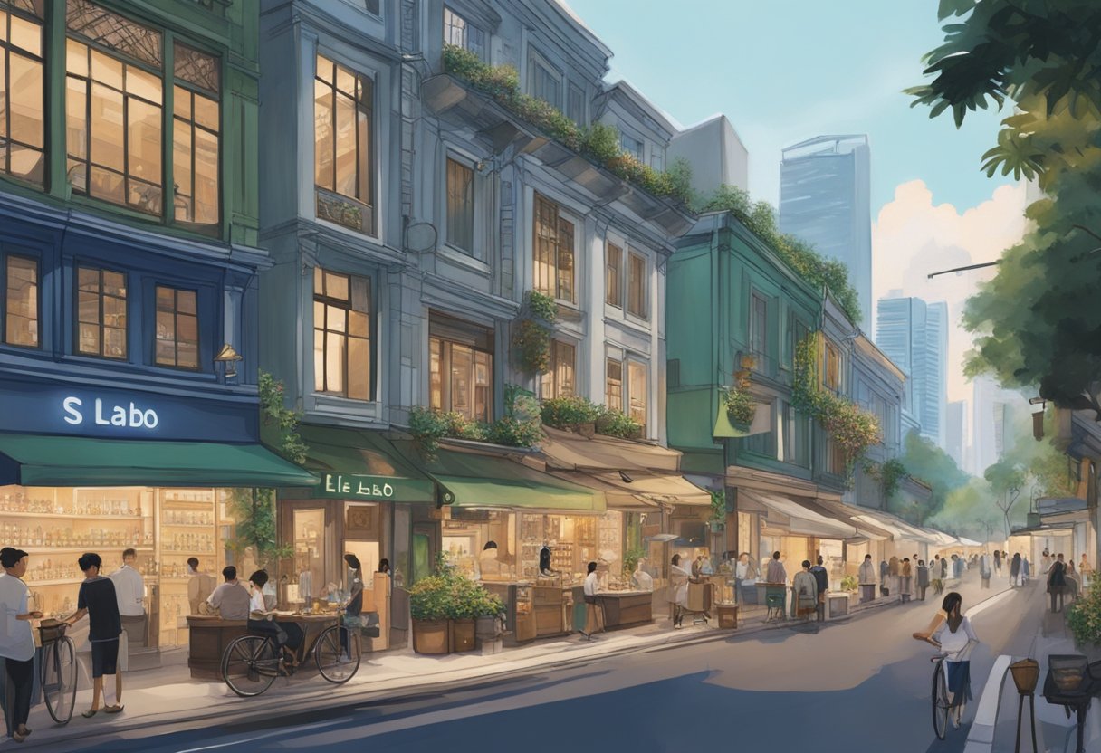 The bustling streets of Singapore surround Le Labo, with its sleek storefront and vibrant signage. The scent of exotic perfumes and the hum of the city create a lively atmosphere