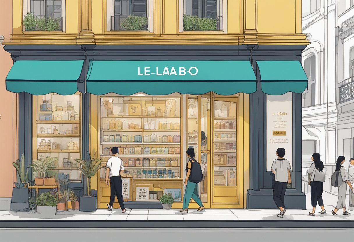 A colorful storefront with "Frequently Asked Questions le labo singapore" signage. People walking by, some stopping to look at the display