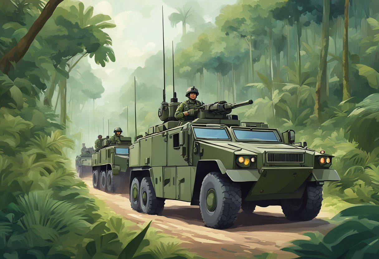 A line of military vehicles rolls through a lush jungle, with soldiers in camouflage uniforms standing guard. The Singapore flag flies proudly in the background