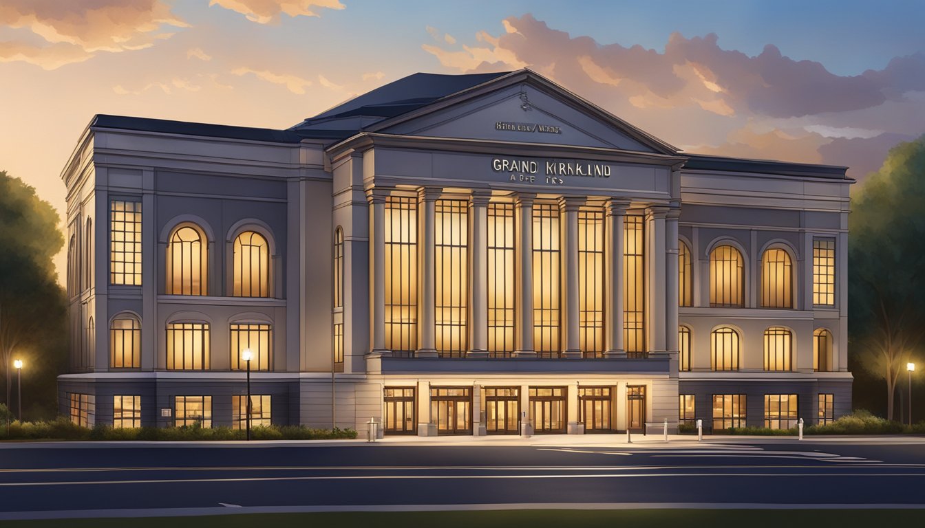 The grand Kirkland Performing Arts Center shines under the evening lights, its elegant architecture standing out against the darkening sky