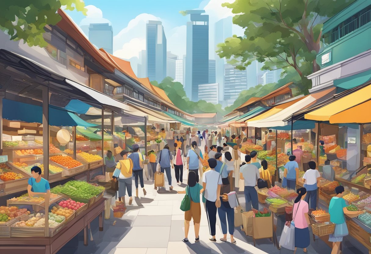 A bustling marketplace in Singapore, with colorful stalls and diverse shoppers