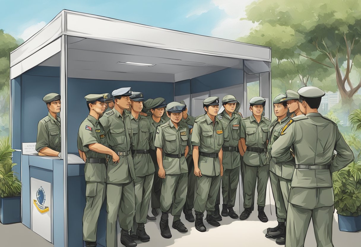 A group of soldiers in uniform answering questions from the public at a Singapore Armed Forces information booth