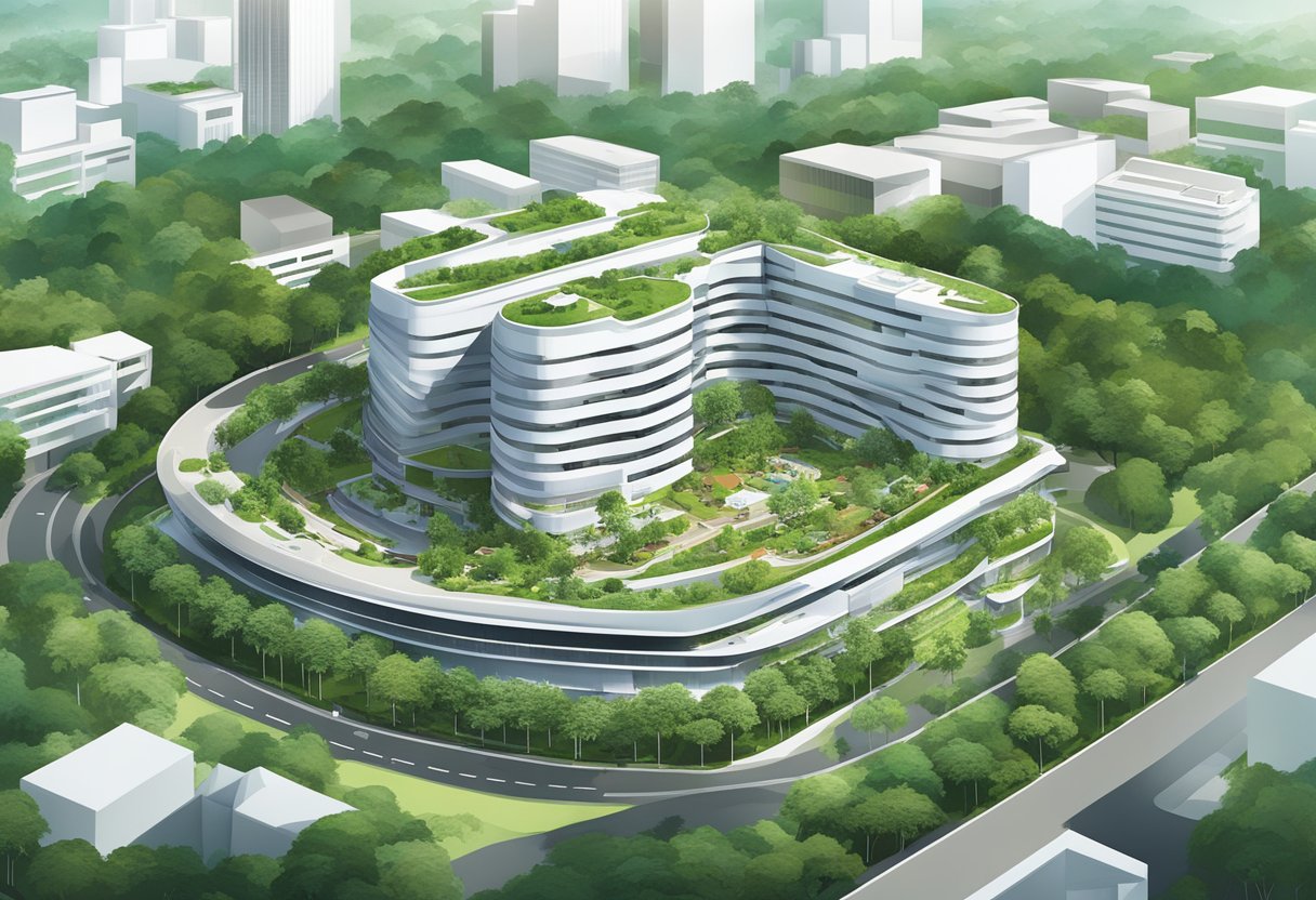 An aerial view of MSF Singapore headquarters, surrounded by lush greenery and modern architecture