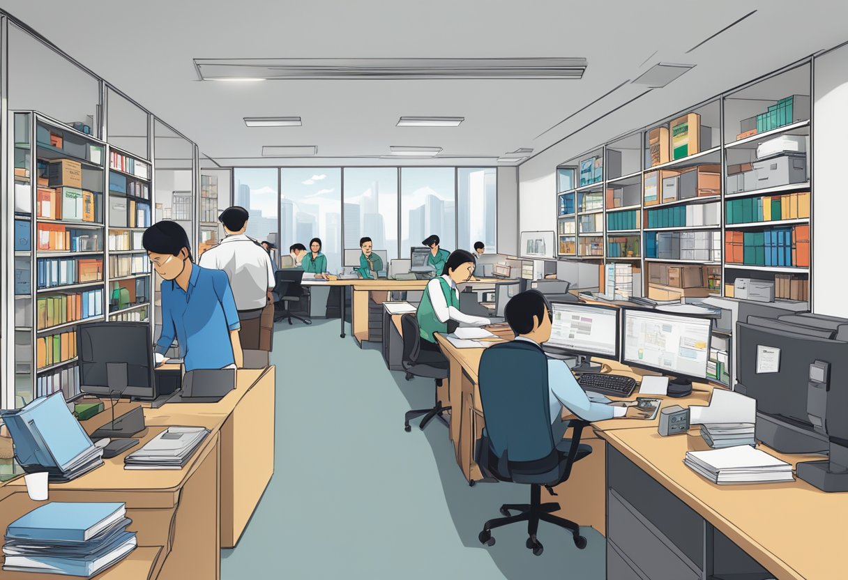 A bustling office with staff assisting clients, shelves stocked with resources, and a sign reading "Support Services and Resources MSF Singapore."