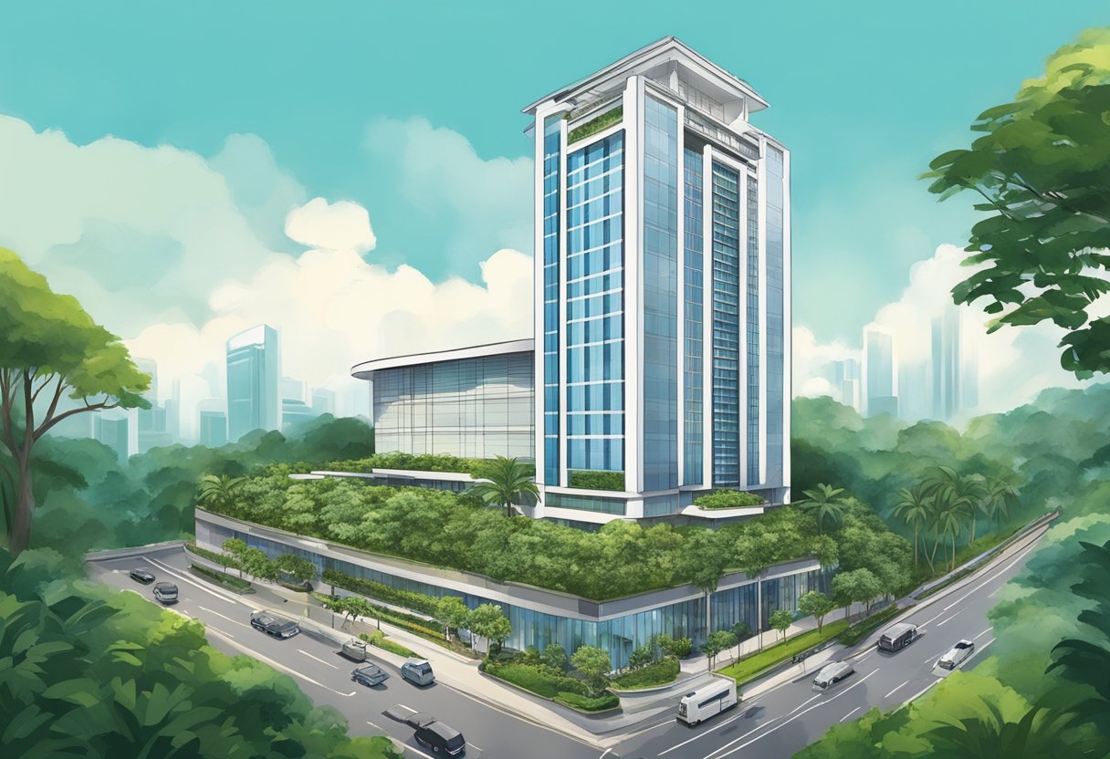 The Park Royal Hotel in Singapore stands tall with its modern architecture and lush greenery surrounding the building. The hotel's sleek design and vibrant atmosphere make it an iconic landmark in the city