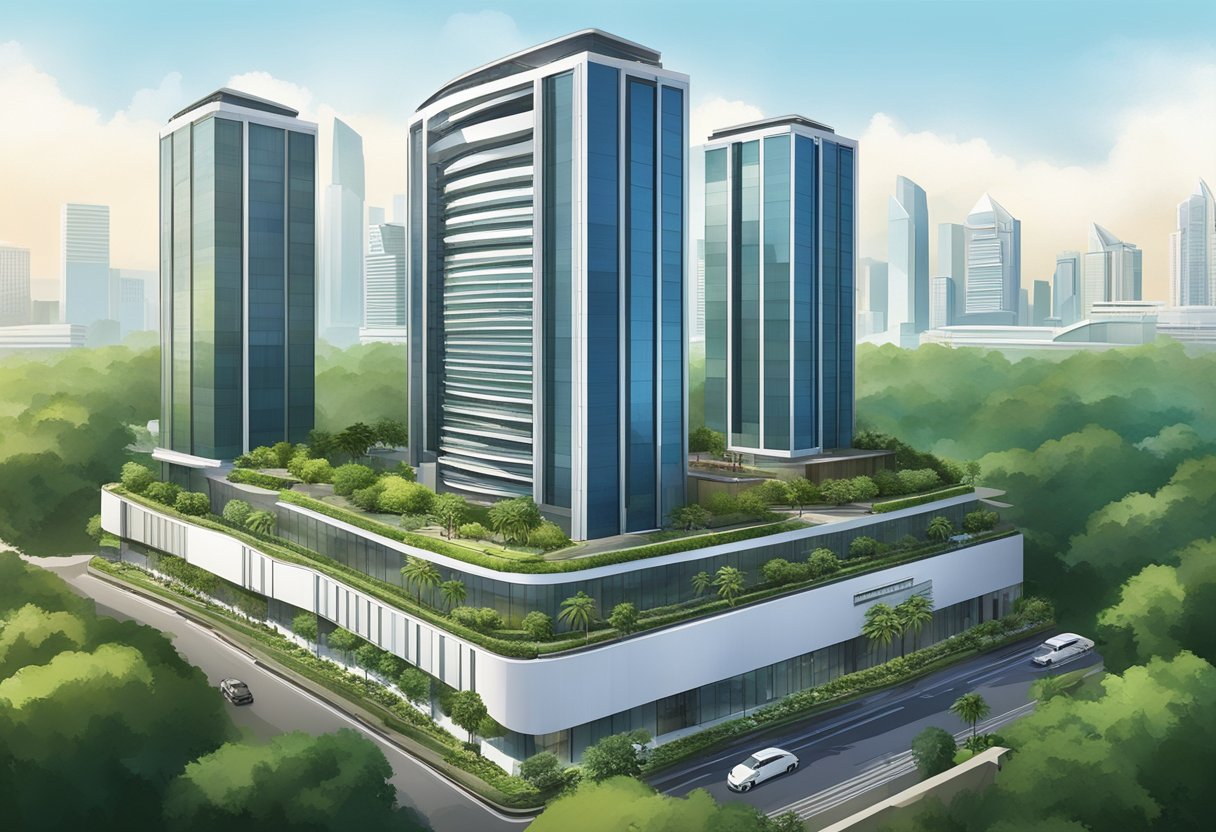 The Park Royal Hotel in Singapore is a modern high-rise building with sleek architecture and lush greenery surrounding it. The hotel stands out against the city skyline, with its elegant design and vibrant atmosphere