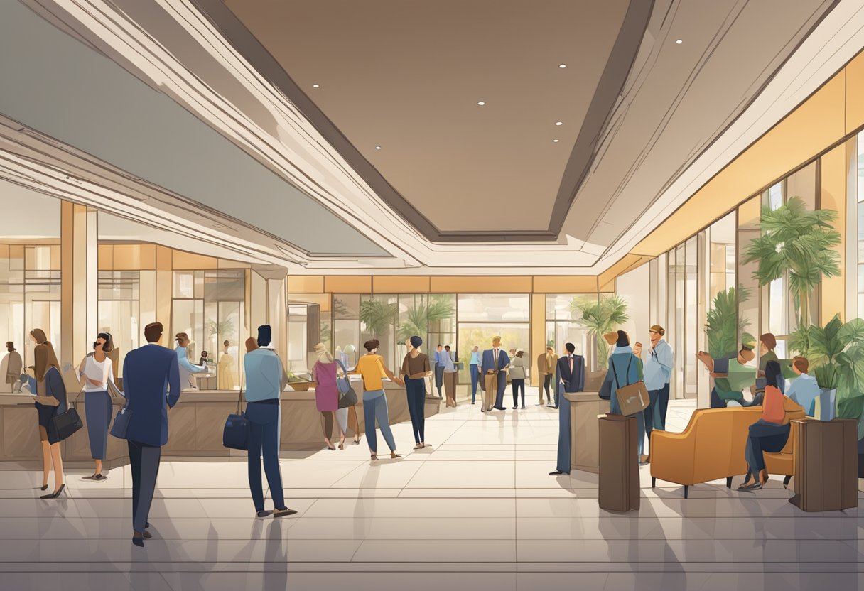 A bustling hotel lobby with a large "Frequently Asked Questions" board, surrounded by guests checking in and out
