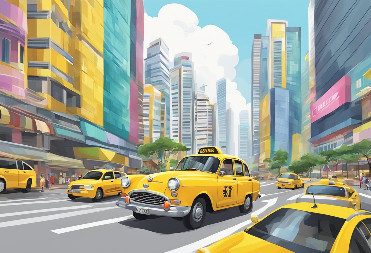 A yellow taxi navigates through the bustling streets of Singapore, passing by towering skyscrapers and colorful storefronts