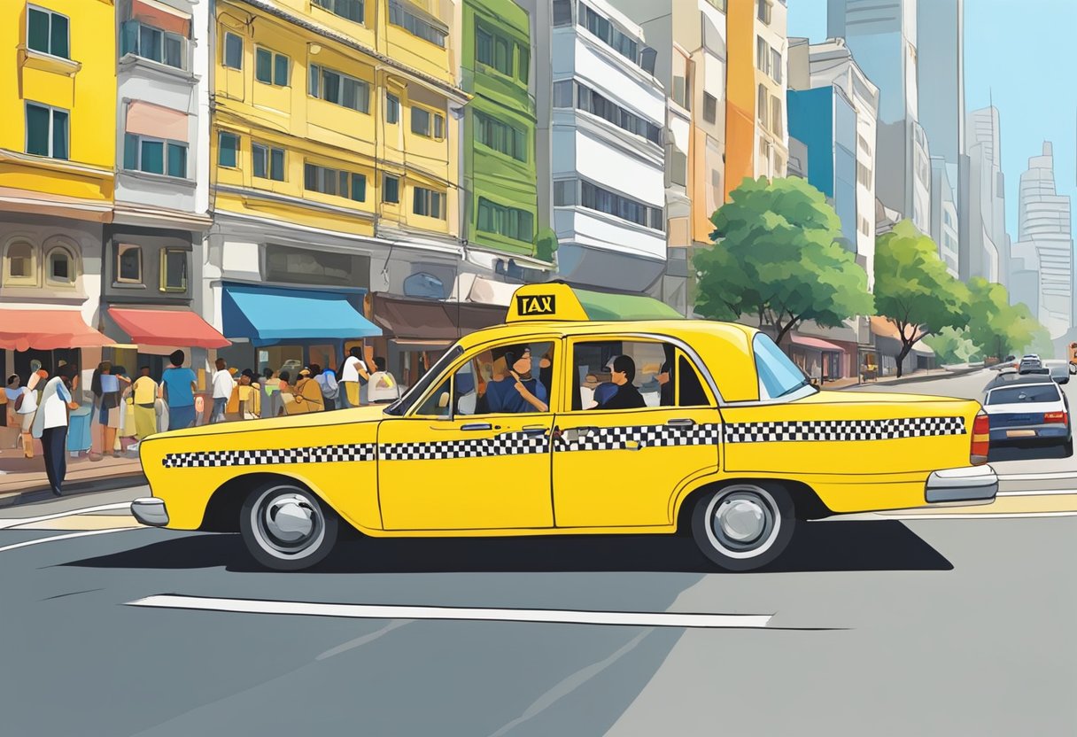 A yellow taxi weaves through Singapore's bustling streets, passing by iconic landmarks and colorful storefronts. The driver navigates the busy roads with ease, while passengers enjoy the vibrant cityscape from the comfort of the cab