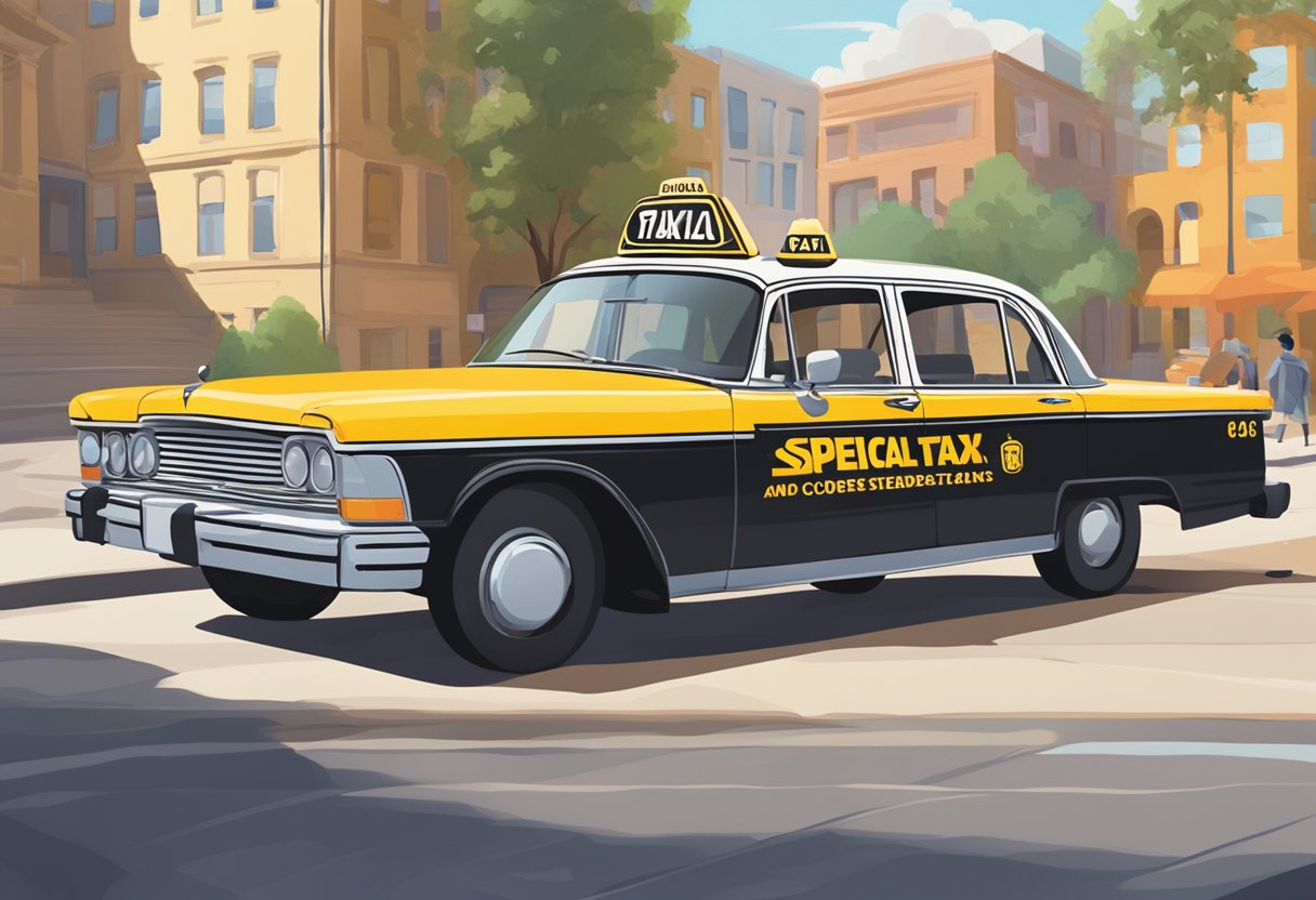 A taxi pulls up to a curb, displaying a sign for "Special Taxi Services and Considerations" in bold letters. The driver's door is open, inviting passengers to step inside