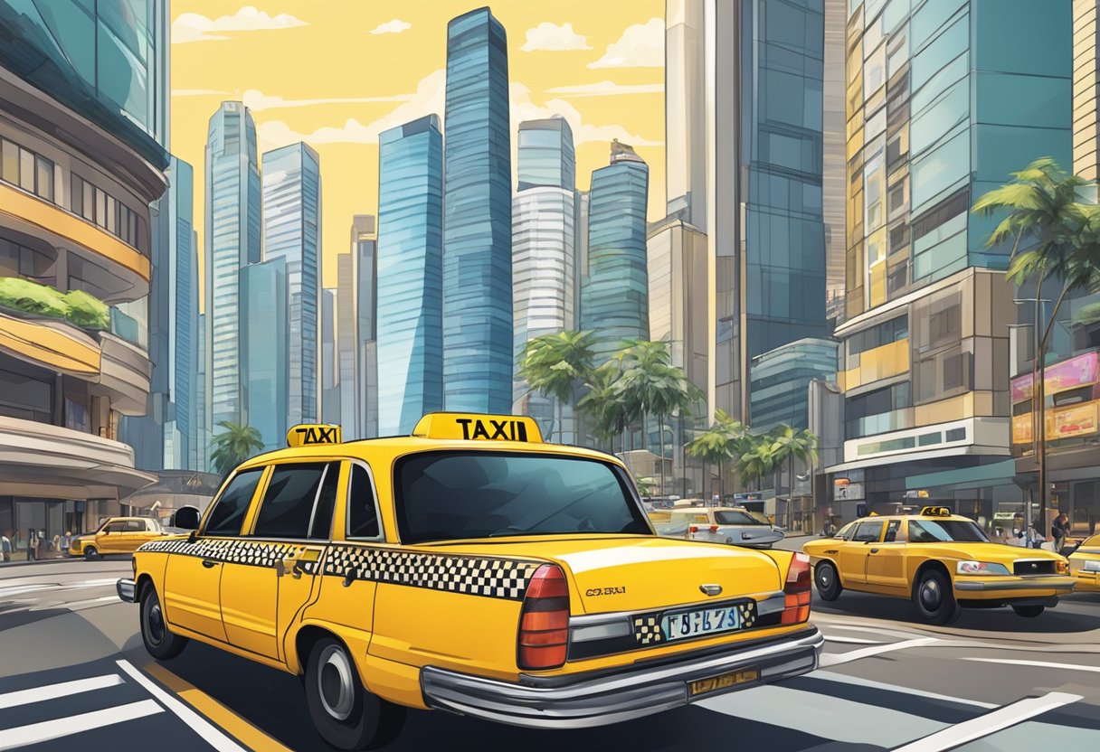 A taxi driving through the bustling streets of Singapore, with iconic landmarks and skyscrapers in the background