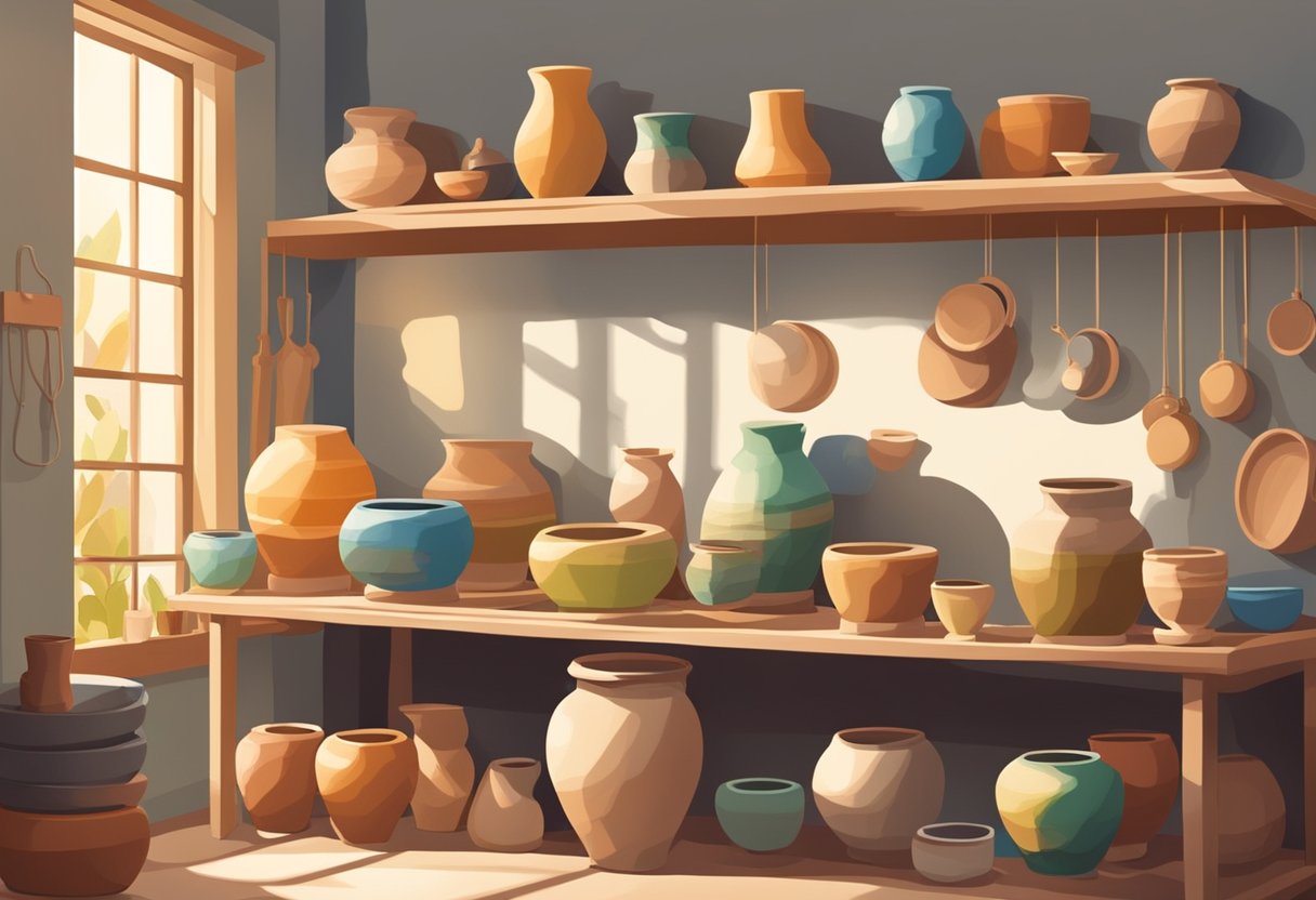 Pottery wheels turning, hands shaping clay, shelves of colorful glazes, and a cozy studio filled with natural light