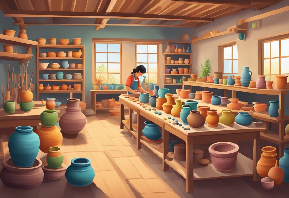 A colorful pottery studio with spinning wheels, shelves of clay, and students shaping and molding their creations