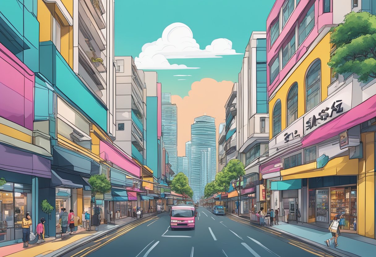 Vibrant cityscape with iconic Stussy Singapore storefront, surrounded by bustling streets and modern architecture