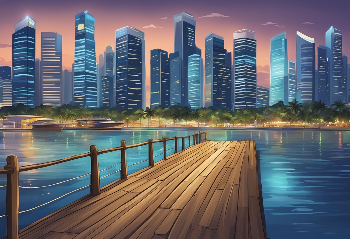The Singapore tide rises, lapping against the wooden pier. Boats gently sway in the water, while distant city lights twinkle on the horizon