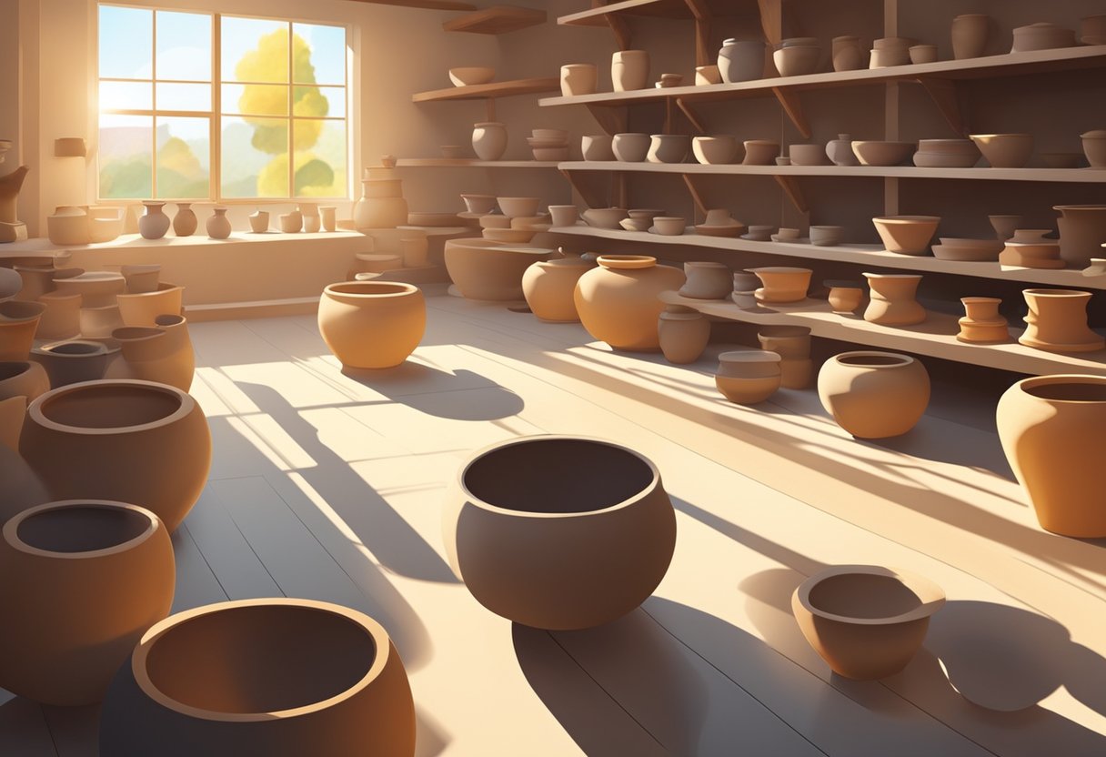Pottery wheels spin in a bright studio, shelves filled with clay and tools. Sunlight streams in through large windows, casting long shadows on the floor
