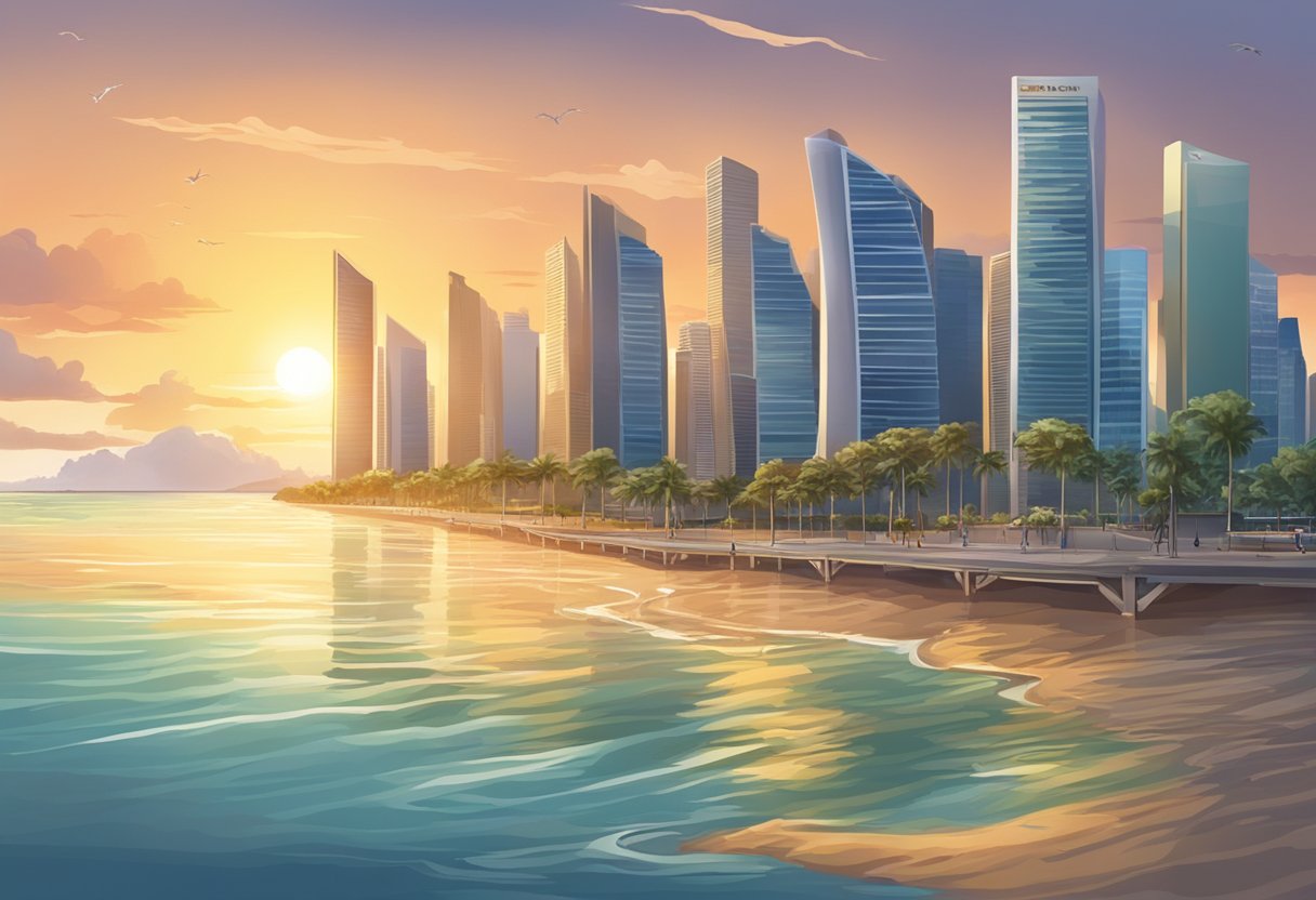 The sun sets over the Singapore coastline, revealing the changing tides as the water recedes from the shore, exposing the sandy seabed