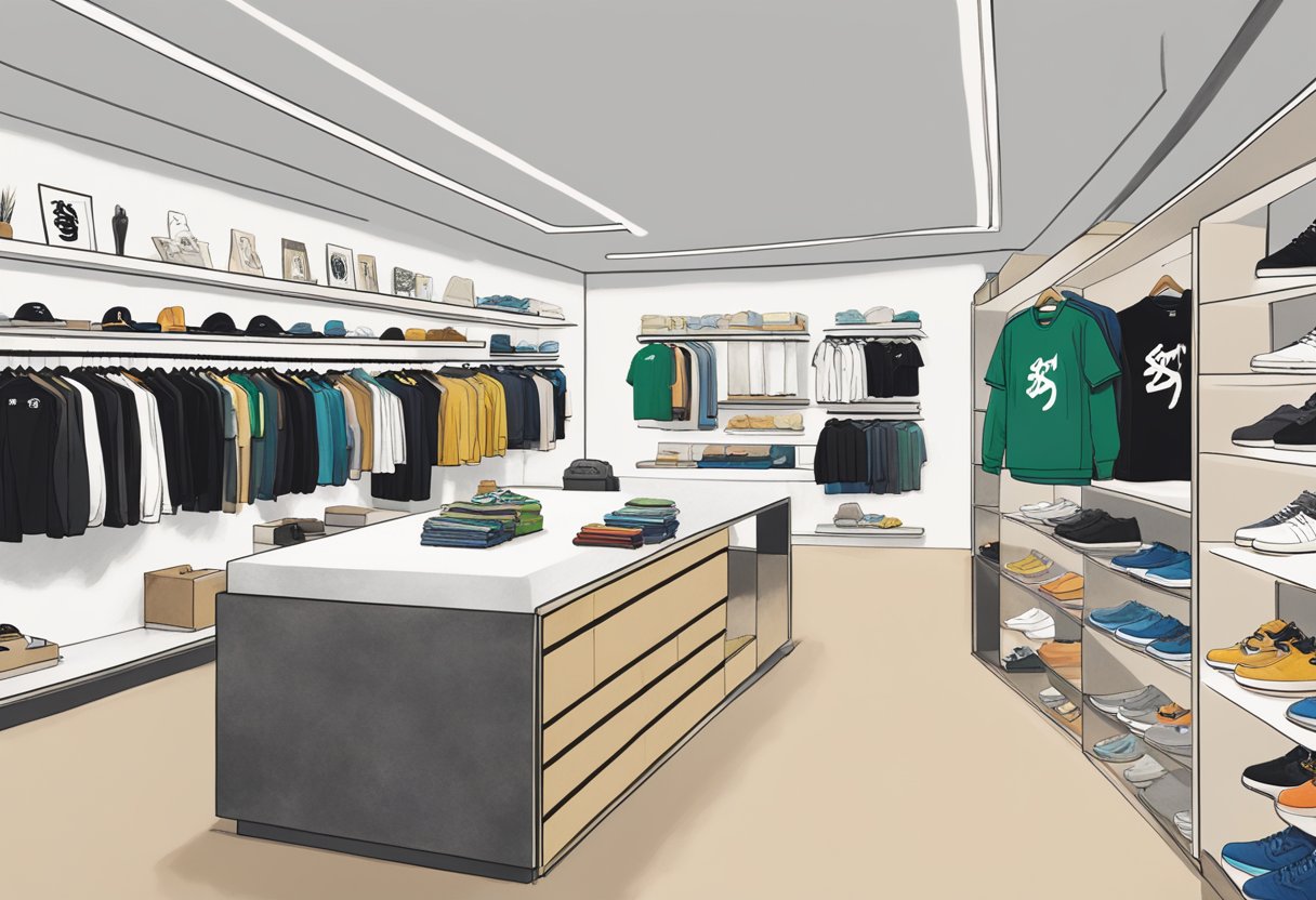 The Stüssy Singapore Chapter Store is a sleek, modern space with minimalist decor, featuring the iconic Stüssy logo prominently displayed throughout the store