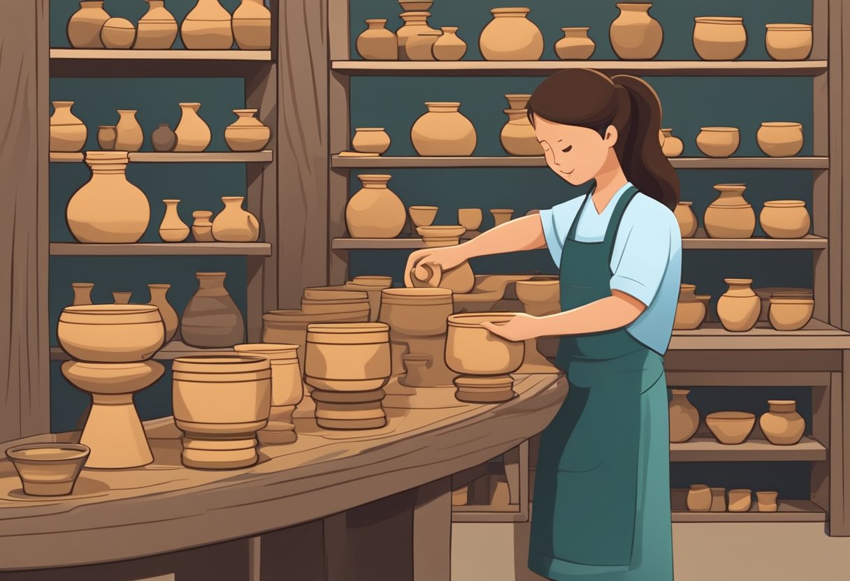 Pottery wheel spinning, clay being molded, shelves of finished pieces, instructor assisting