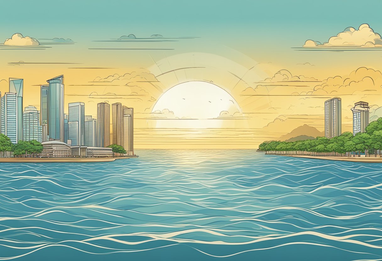 The Singapore tide chart shows water levels rising and falling with a clear view of the coastline and the sun shining in the sky