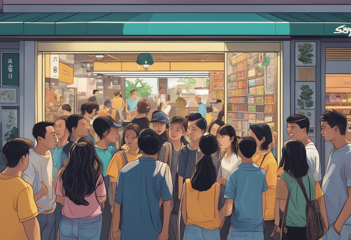 A diverse group of people gather around a vibrant Stussy Singapore storefront, chatting and interacting with one another. The atmosphere is lively and filled with a sense of community and engagement