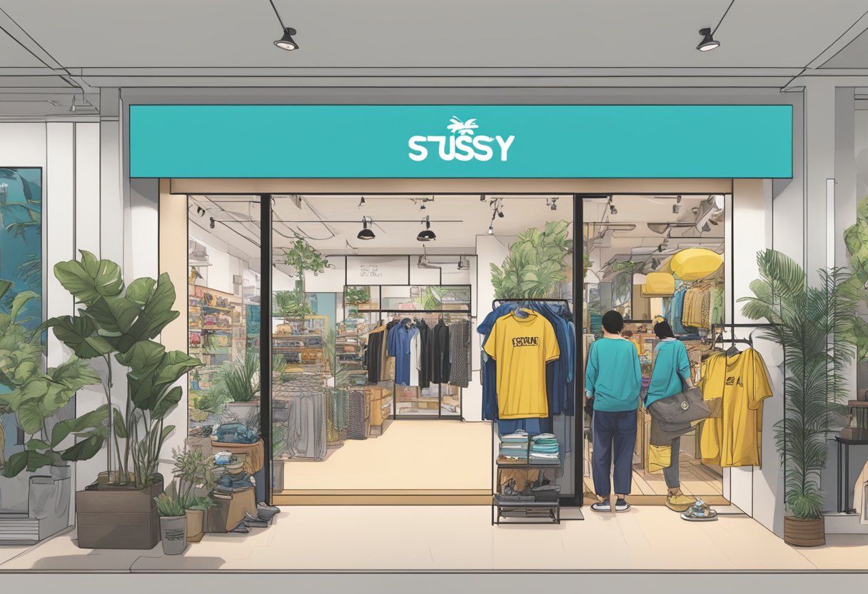 Stussy Singapore store front with bold logo, busy with customers, and a display of popular items
