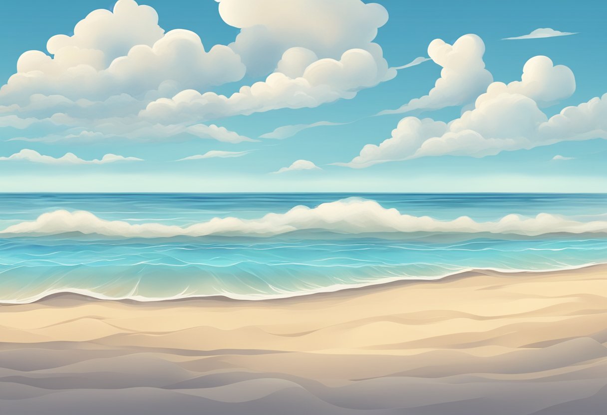The calm sea with gentle waves, a sandy shore, and a clear sky with a few clouds