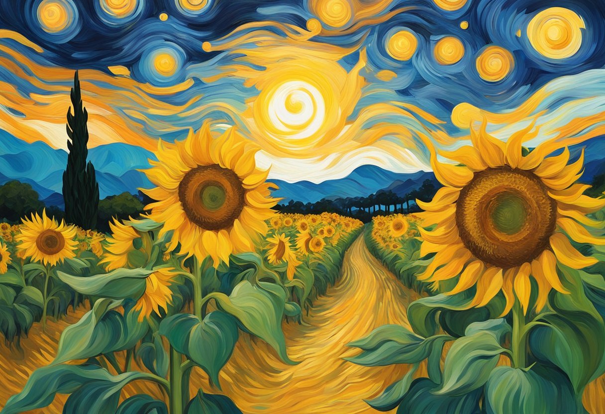 Sunset at Van Gogh exhibition, Singapore. Vibrant colors and swirling brushstrokes. Starry Night and Sunflowers on display
