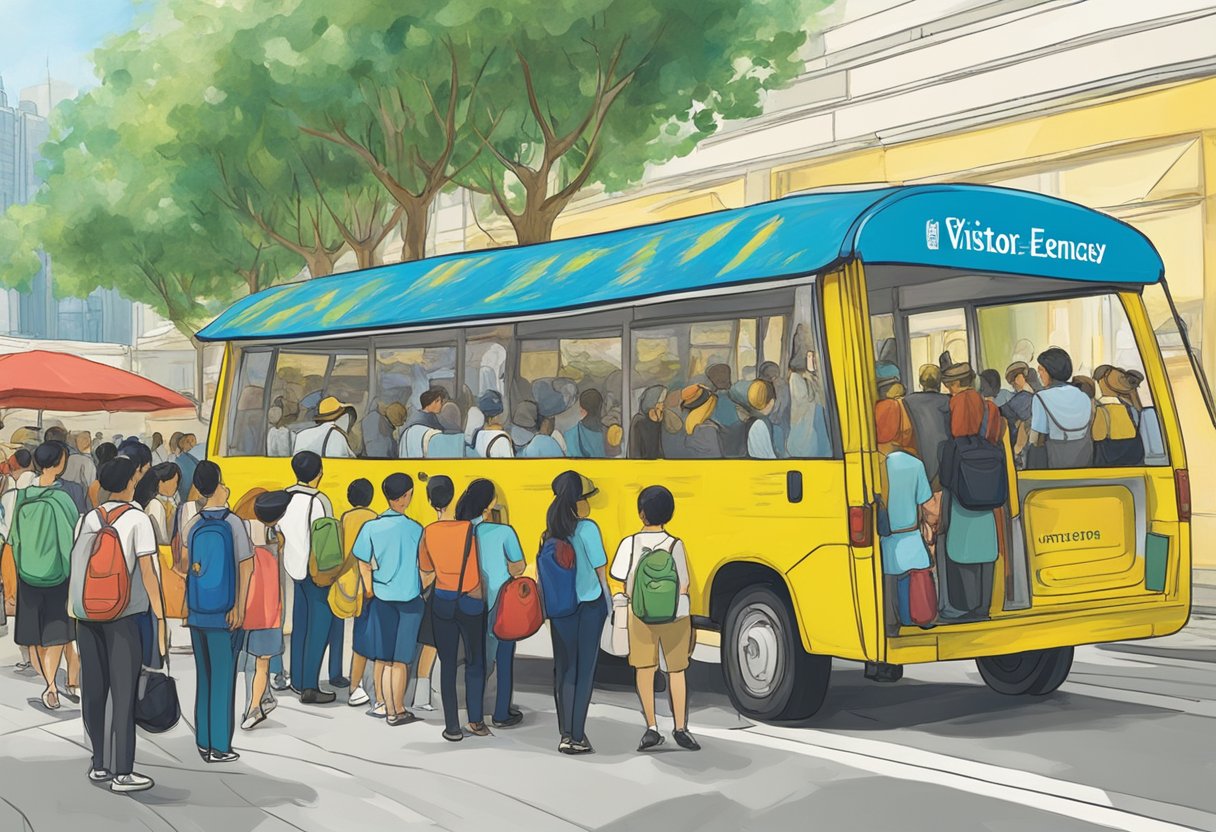 The visitor information van Gogh exhibition in Singapore, with a colorful banner and a line of people waiting to enter