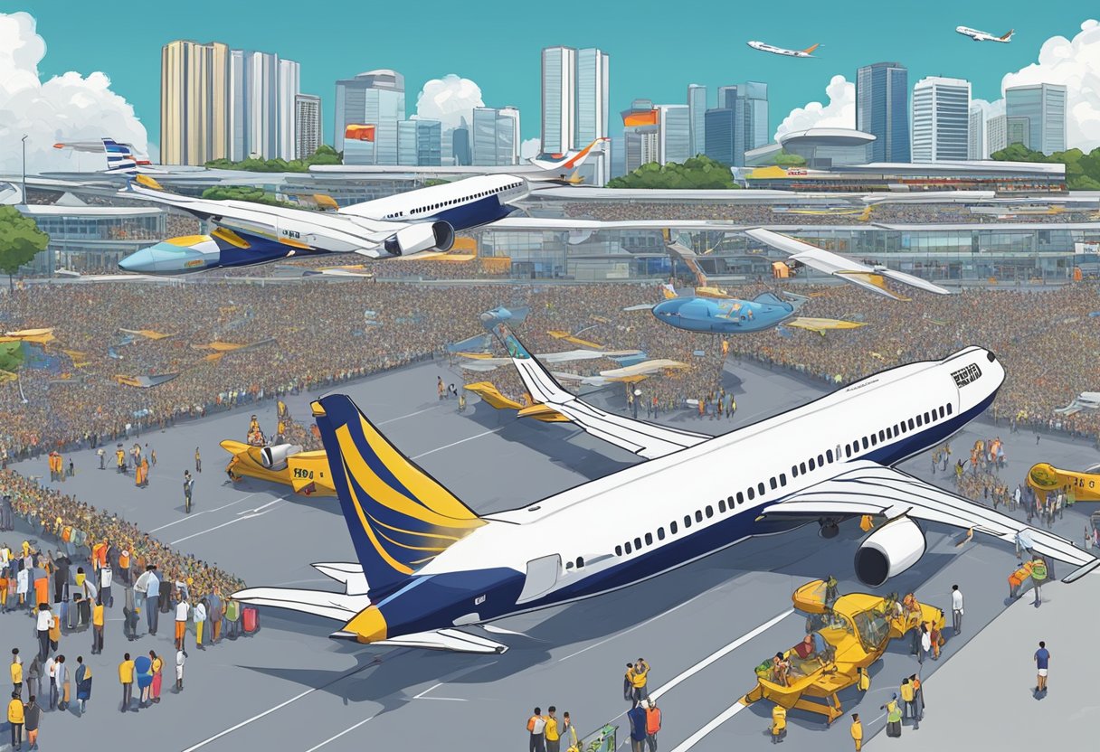 Aircraft perform aerial stunts over crowded tarmac at Singapore Airshow. Spectators watch in awe as planes soar and loop through the sky